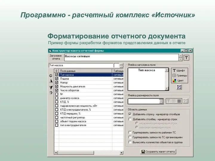 Форматирование отчетного документа Пример формы разработки форматов представления данных в отчете Программно - расчетный комплекс «Источник»