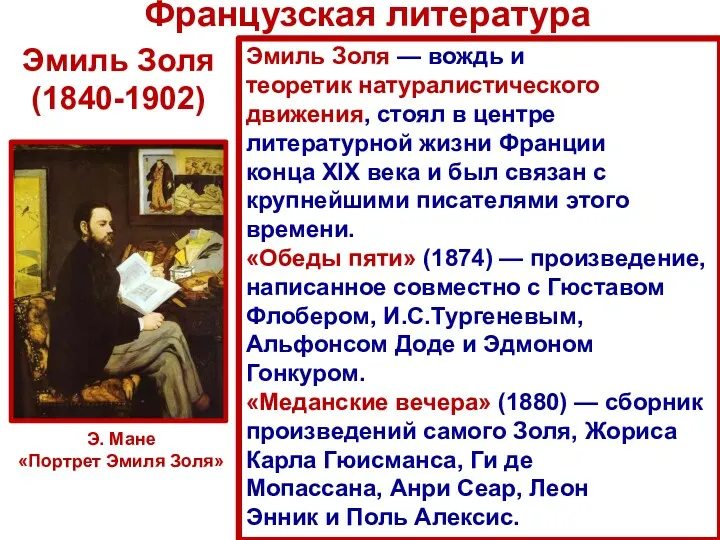 Эмиль Золя (1840-1902) Эмиль Золя — вождь и теоретик натуралистического