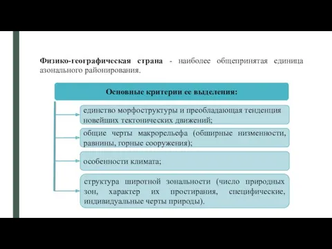 Физико-географическая страна - наиболее общепринятая единица азонального районирования. Основные критерии