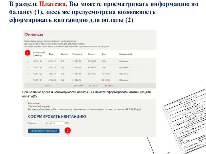 В разделе Платежи, Вы можете просматривать информацию по балансу (1),