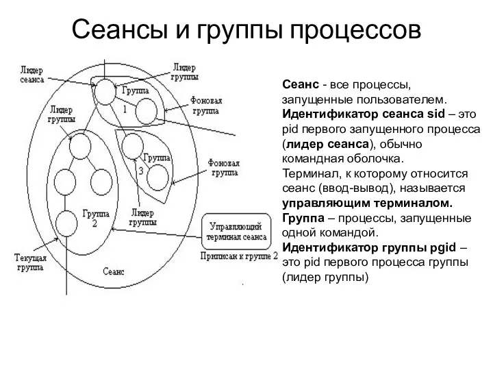 Сеансы и группы процессов Сеанс - все процессы, запущенные пользователем. Идентификатор сеанса sid