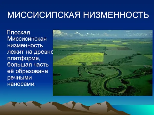 МИССИСИПСКАЯ НИЗМЕННОСТЬ Плоская Миссисипская низменность лежит на древней платформе, большая часть её образована речными наносами.