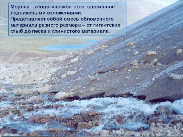 Деятельность ледника Морена – геологическое тело, сложенное ледниковыми отложениями. Представляет
