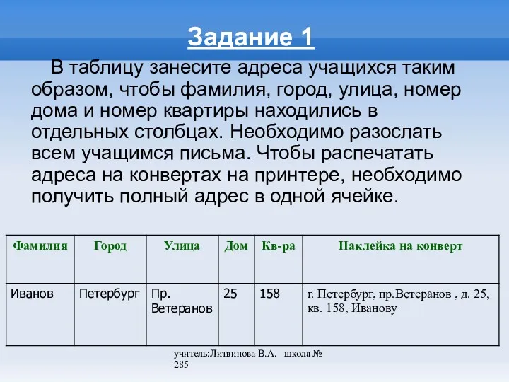 учитель:Литвинова В.А. школа № 285 Задание 1 В таблицу занесите