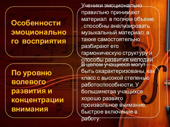 Особенности эмоционального восприятия Ученики эмоционально правильно принимают материал в полном