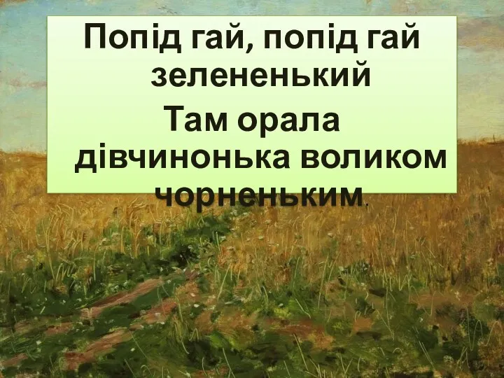 Попід гай, попід гай зелененький Там орала дівчинонька воликом чорненьким.