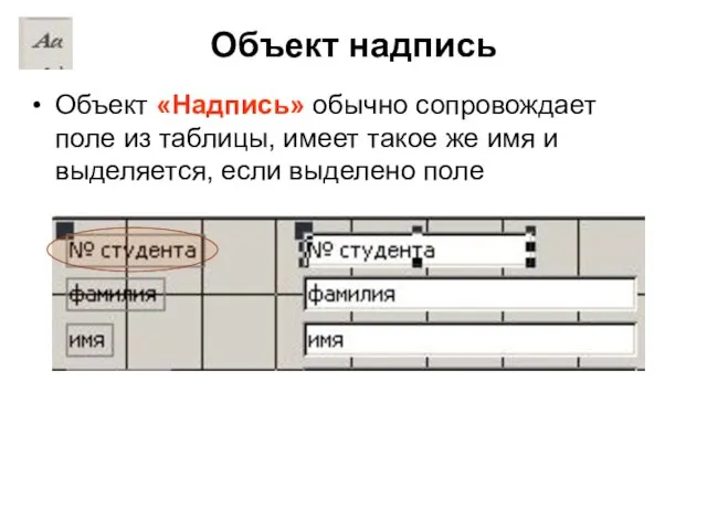 Объект надпись Объект «Надпись» обычно сопровождает поле из таблицы, имеет