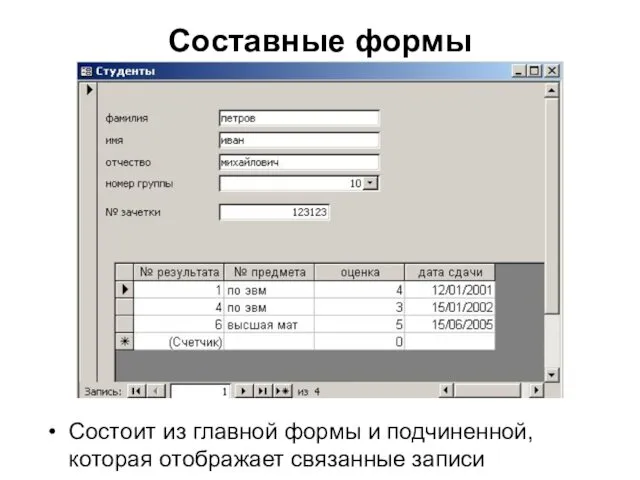 Составные формы Состоит из главной формы и подчиненной, которая отображает связанные записи