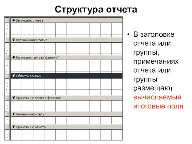 Структура отчета В заголовке отчета или группы, примечаниях отчета или группы размещают вычисляемые итоговые поля