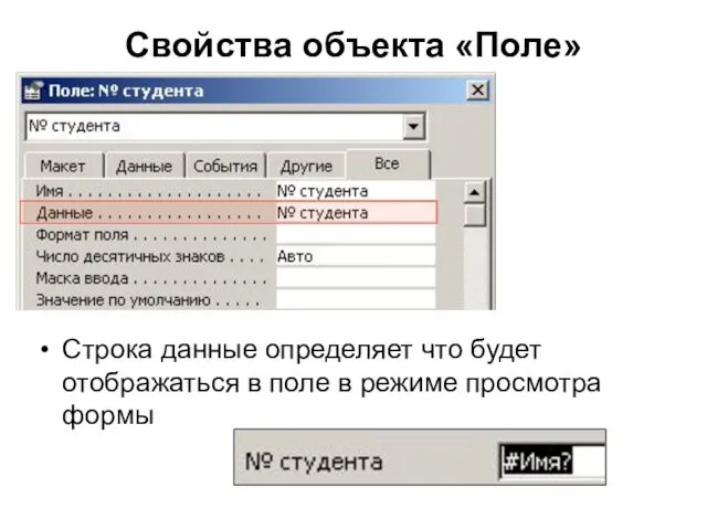 Свойства объекта «Поле» Строка данные определяет что будет отображаться в поле в режиме просмотра формы