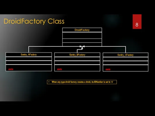 DroidFactory Class When any type droid factory creates a droid, its IDNumber is set to ‘x’