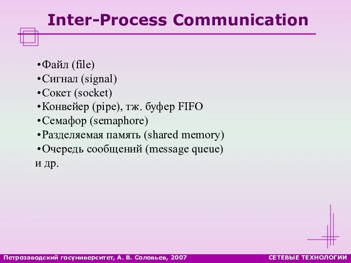 Петрозаводский госуниверситет, А. В. Соловьев, 2007 СЕТЕВЫЕ ТЕХНОЛОГИИ Inter-Process Communication