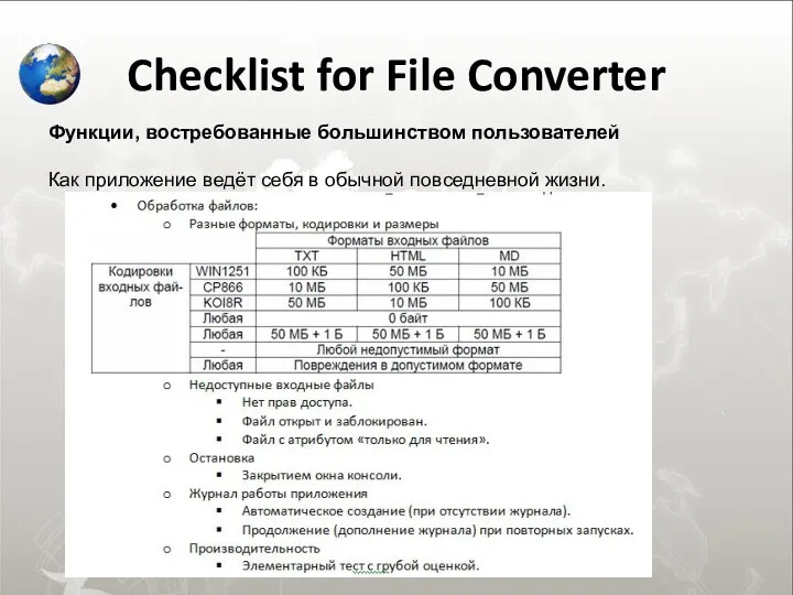 Checklist for File Converter Функции, востребованные большинством пользователей Как приложение ведёт себя в обычной повседневной жизни.