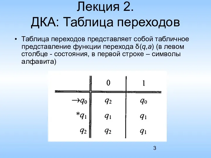 Лекция 2. ДКА: Таблица переходов Таблица переходов представляет собой табличное