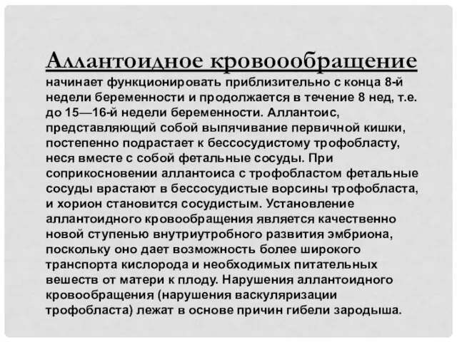 Аллантоидное кровоообращение начинает функционировать приблизительно с конца 8-й недели беременности