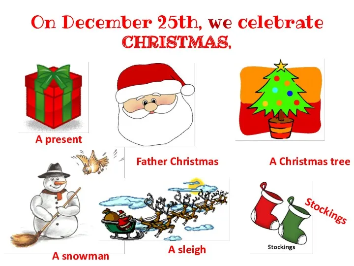 On December 25th, we celebrate CHRISTMAS, A present Father Christmas A Christmas tree