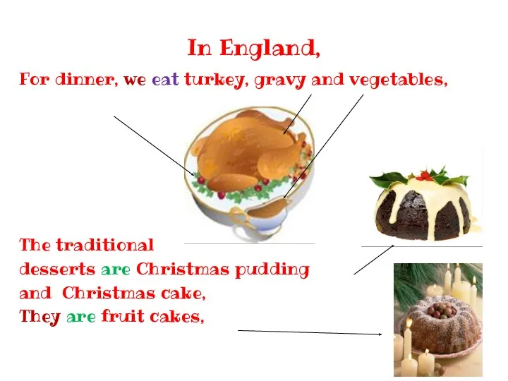 In England, For dinner, we eat turkey, gravy and vegetables, The traditional desserts