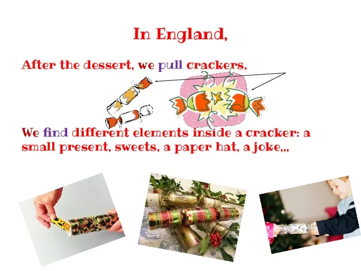 In England, After the dessert, we pull crackers, We find different elements inside