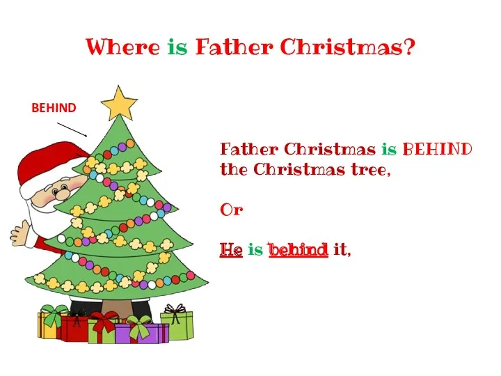 Where is Father Christmas? Father Christmas is BEHIND the Christmas tree, Or He