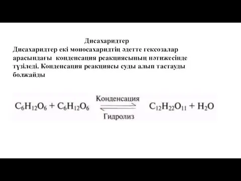 Дисахаридтер Дисахаридтер екі моносахаридтің әдетте гексозалар арасындағы конденсация реакциясының нәтижесінде