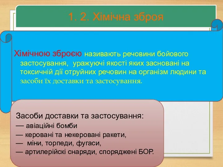 1. 2. Хімічна зброя Хiмiчною зброєю називають речовини бойового застосування,