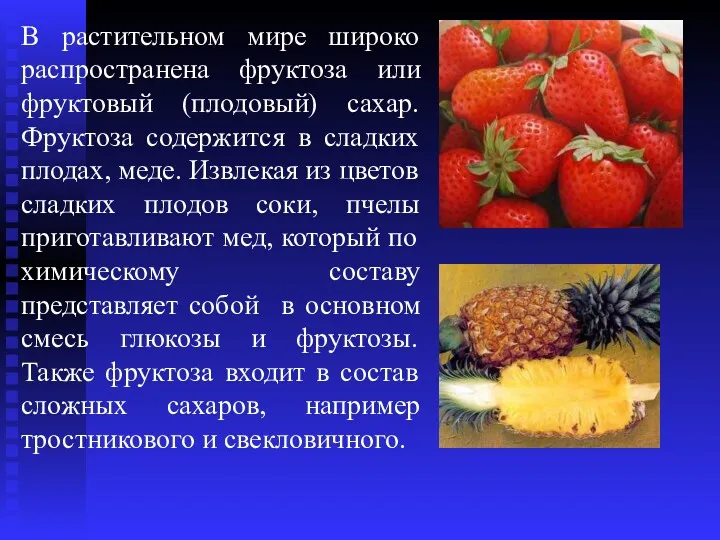 В растительном мире широко распространена фруктоза или фруктовый (плодовый) сахар.