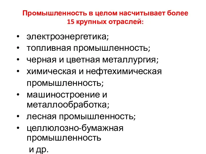 Промышленность в целом насчитывает более 15 крупных отраслей: электроэнергетика; топливная