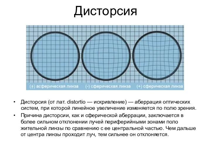 Дисторсия Дисторсия (от лат. distortio — искривление) — аберрация оптических систем, при которой