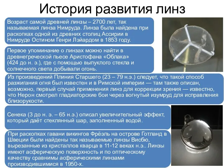 История развития линз Возраст самой древней линзы – 2700 лет,