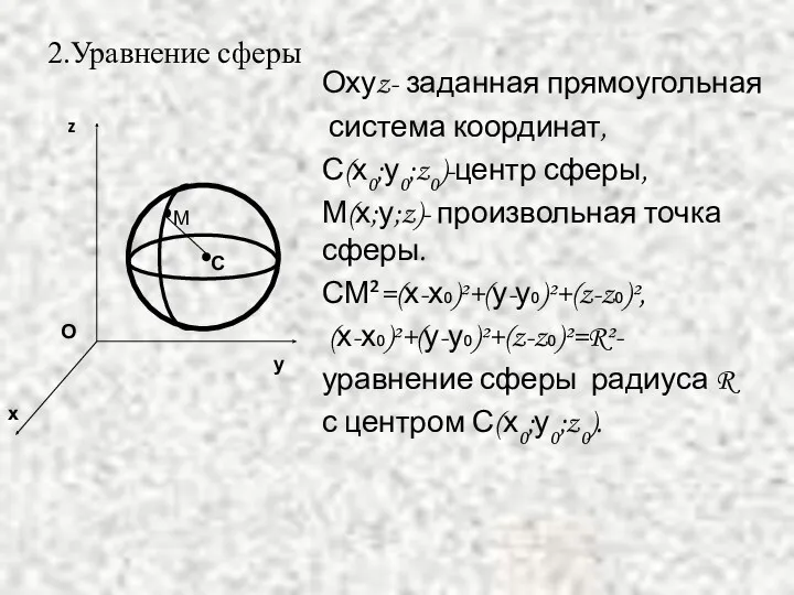 2.Уравнение сферы Охуz- заданная прямоугольная система координат, С(х0;у0;z0)-центр сферы, М(х;у;z)-
