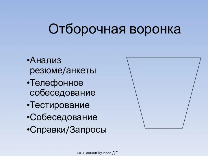 Отборочная воронка Анализ резюме/анкеты Телефонное собеседование Тестирование Собеседование Справки/Запросы к.э.н., доцент Кучеров Д.Г. 2017