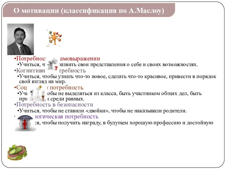 Потребность в самовыражении Учиться, чтобы развить свои представления о себе