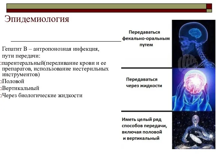 Эпидемиология Гепатит В – антропонозная инфекция, пути передачи: парентеральный(переливание крови