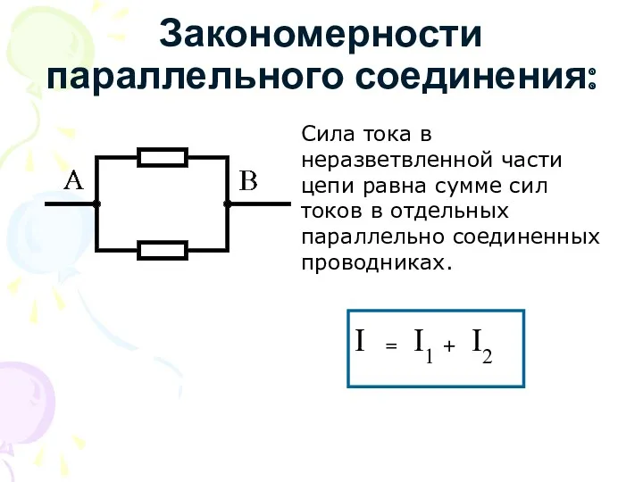 Закономерности параллельного соединения: Сила тока в неразветвленной части цепи равна