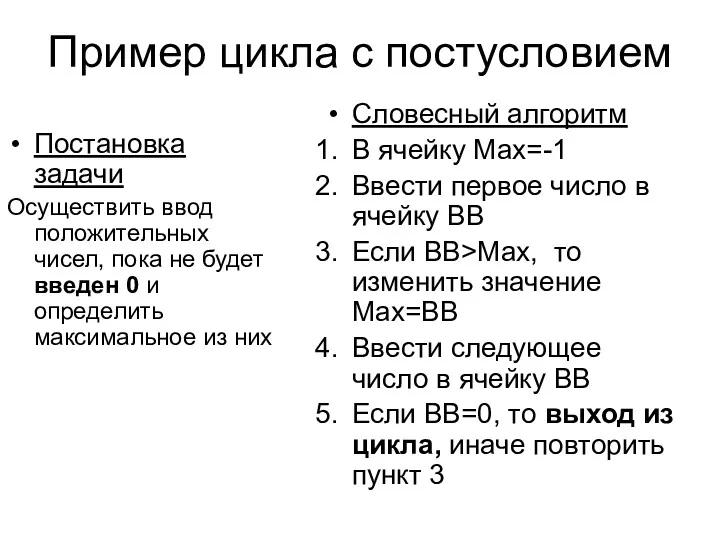 Пример цикла с постусловием Постановка задачи Осуществить ввод положительных чисел,