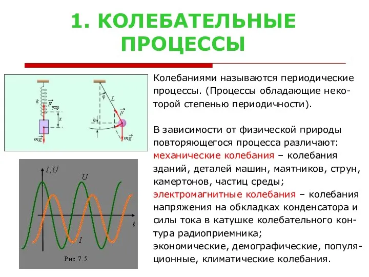 1. КОЛЕБАТЕЛЬНЫЕ ПРОЦЕССЫ Колебаниями называются периодические процессы. (Процессы обладающие неко-