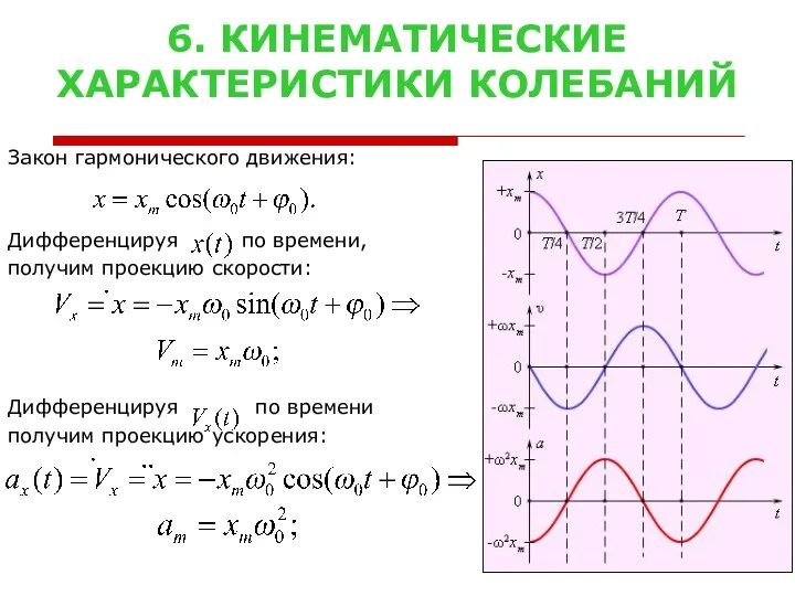 6. КИНЕМАТИЧЕСКИЕ ХАРАКТЕРИСТИКИ КОЛЕБАНИЙ Закон гармонического движения: Дифференцируя по времени,