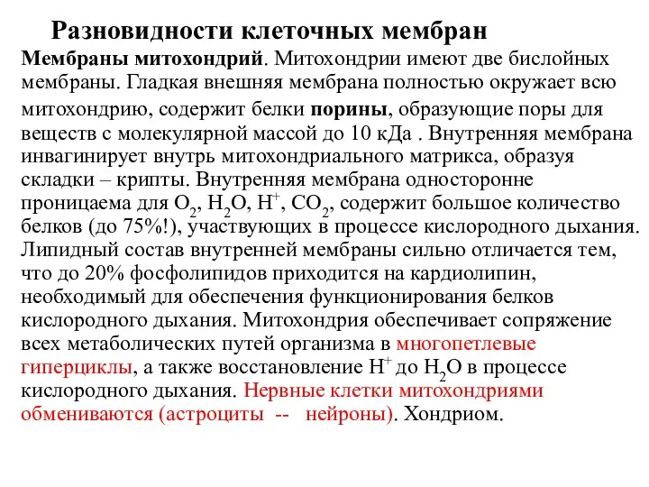 Разновидности клеточных мембран Мембраны митохондрий. Митохондрии имеют две бислойных мембраны.