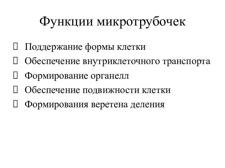 Функции микротрубочек Поддержание формы клетки Обеспечение внутриклеточного транспорта Формирование органелл Обеспечение подвижности клетки Формирования веретена деления