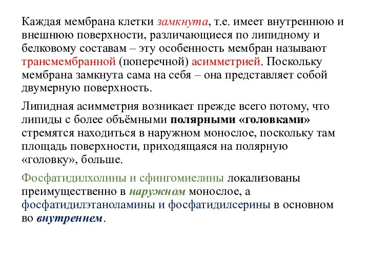 Каждая мембрана клетки замкнута, т.е. имеет внутреннюю и внешнюю поверхности,