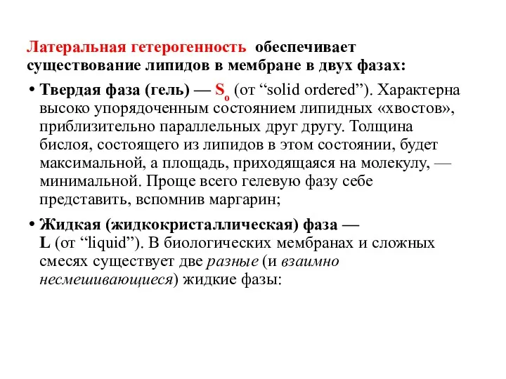 Латеральная гетерогенность обеспечивает существование липидов в мембране в двух фазах: