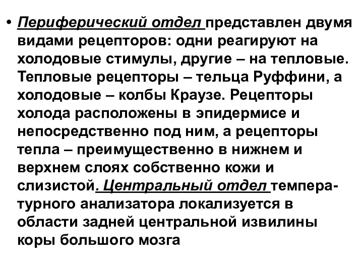 Периферический отдел представлен двумя видами рецепторов: одни реагируют на холодовые стимулы, другие –