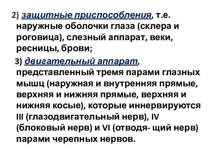 2) защитные приспособления, т.е. наружные оболочки глаза (склера и роговица),