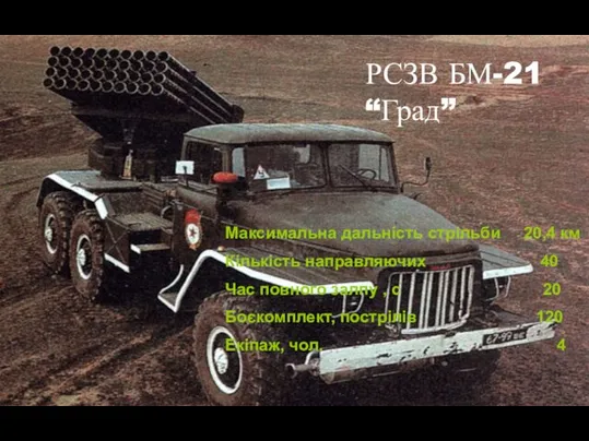 РСЗВ БМ-21 “Град” Максимальна дальність стрільби 20,4 км Кількість направляючих