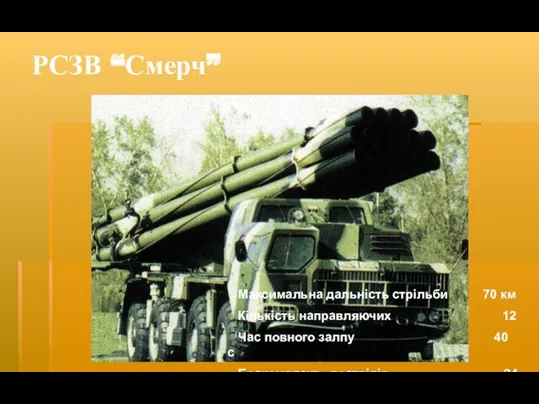 РСЗВ “Смерч” Максимальна дальність стрільби 70 км Кількість направляючих 12