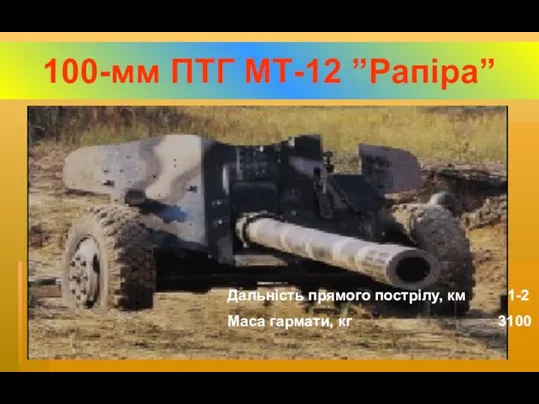 100-мм ПТГ МТ-12 ”Рапіра” Дальність прямого пострілу, км 1-2 Маса гармати, кг 3100