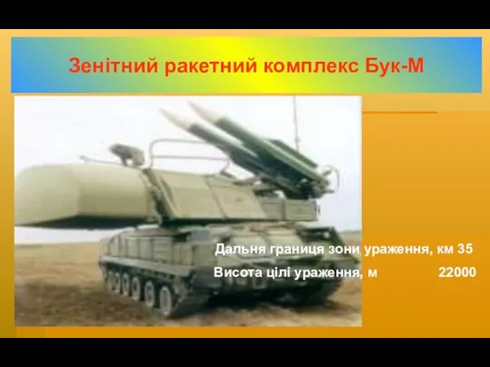 Зенітний ракетний комплекс Бук-М Дальня границя зони ураження, км 35 Висота цілі ураження, м 22000