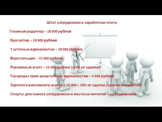 Штат сотрудников и заработная плата Главный редактор – 18 000 рублей Бухгалтер –
