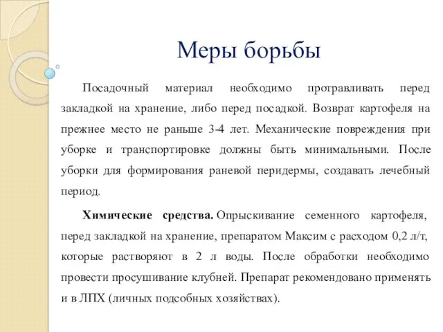 Меры борьбы Посадочный материал необходимо протравливать перед закладкой на хранение,