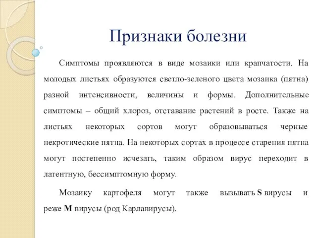 Признаки болезни Симптомы проявляются в виде мозаики или крапчатости. На